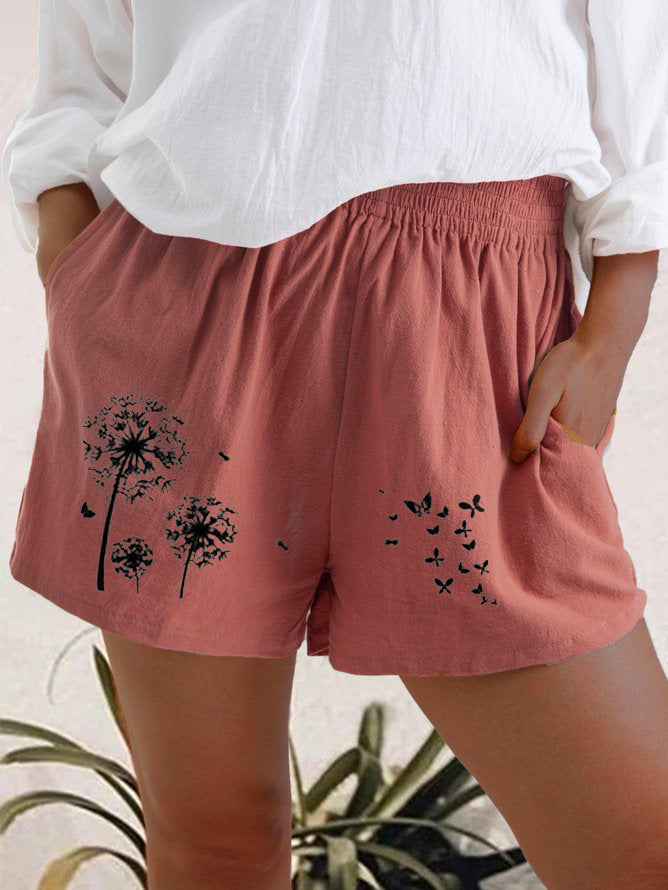 Women’s High Waist Dandelion Print Shorts | Cotton Linen Breathable Summer Casual Shorts