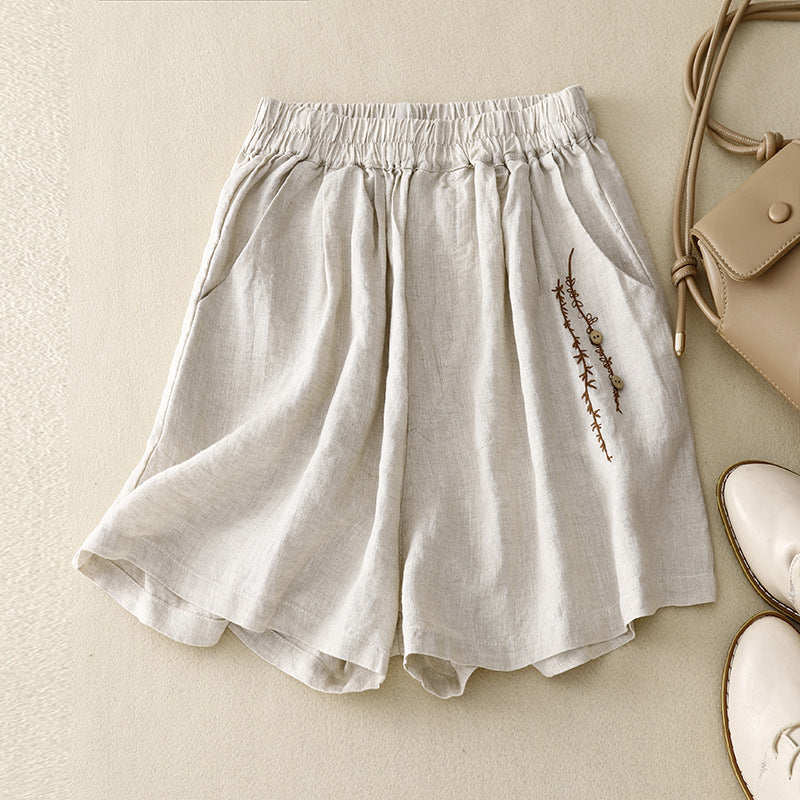 Women’s Vintage Embroidery Cotton Linen Shorts | Lightweight Breathable Casual Summer Shorts