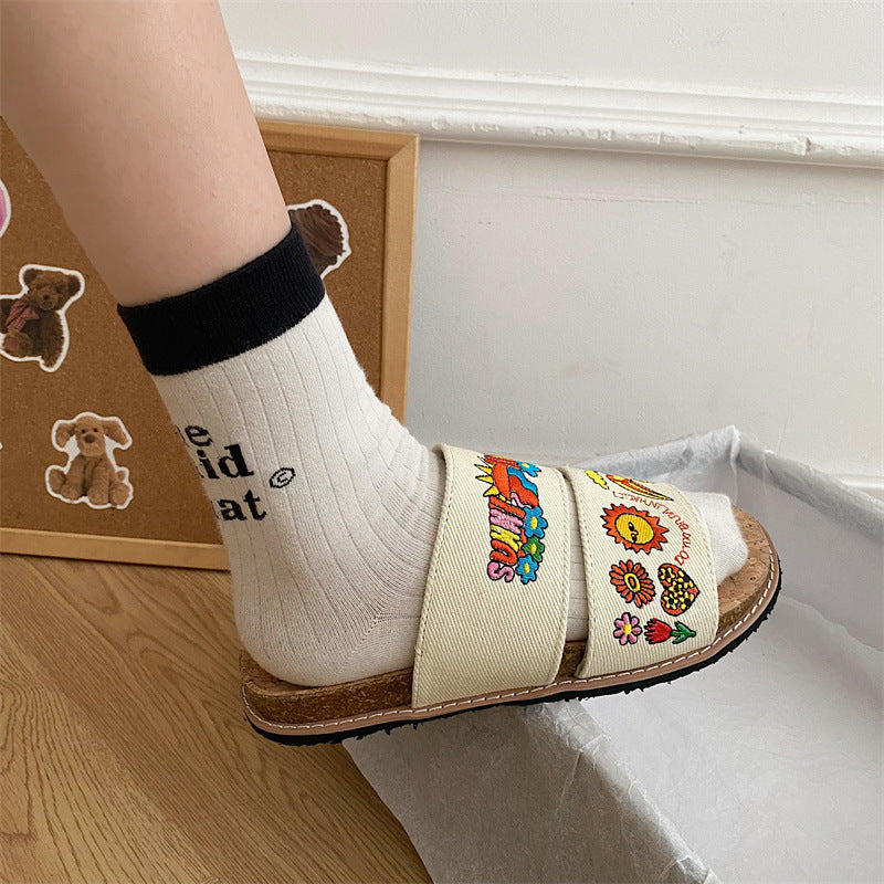 Women’s Cork Sole Embroidered Sandals | Summer Comfort Slides for Casual, Beach and Everyday Wear