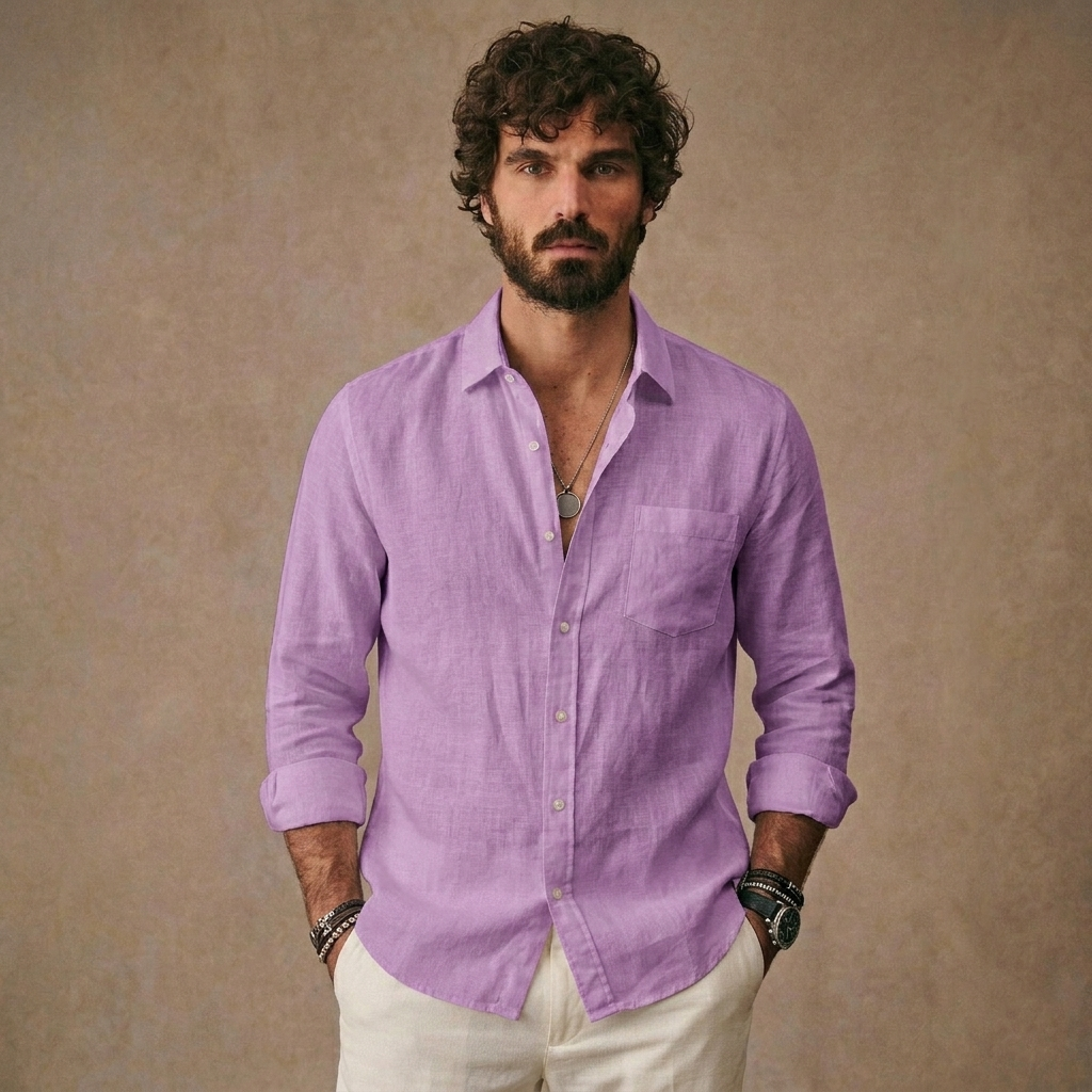 Men Long Sleeve Casual Linen Shirt | Loose Fit Solid Button Down | Everyday Wear Shirt