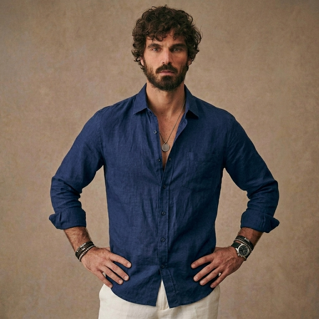 Men Long Sleeve Casual Linen Shirt | Loose Fit Solid Button Down | Everyday Wear Shirt