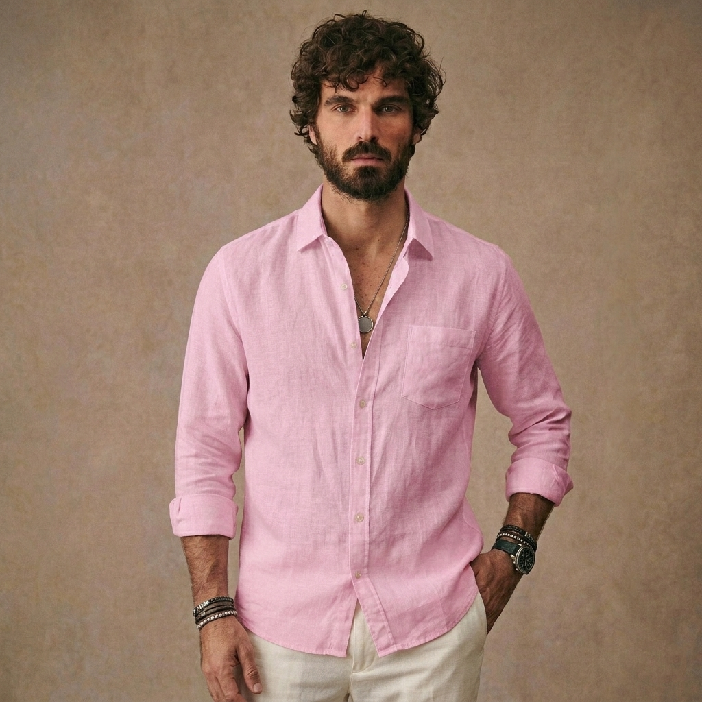 Men Long Sleeve Casual Linen Shirt | Loose Fit Solid Button Down | Everyday Wear Shirt