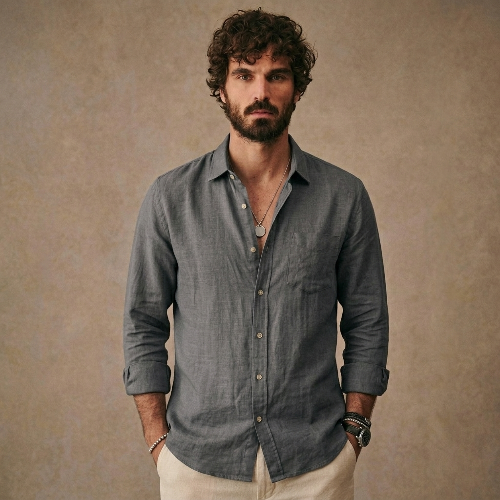 Men Long Sleeve Casual Linen Shirt | Loose Fit Solid Button Down | Everyday Wear Shirt