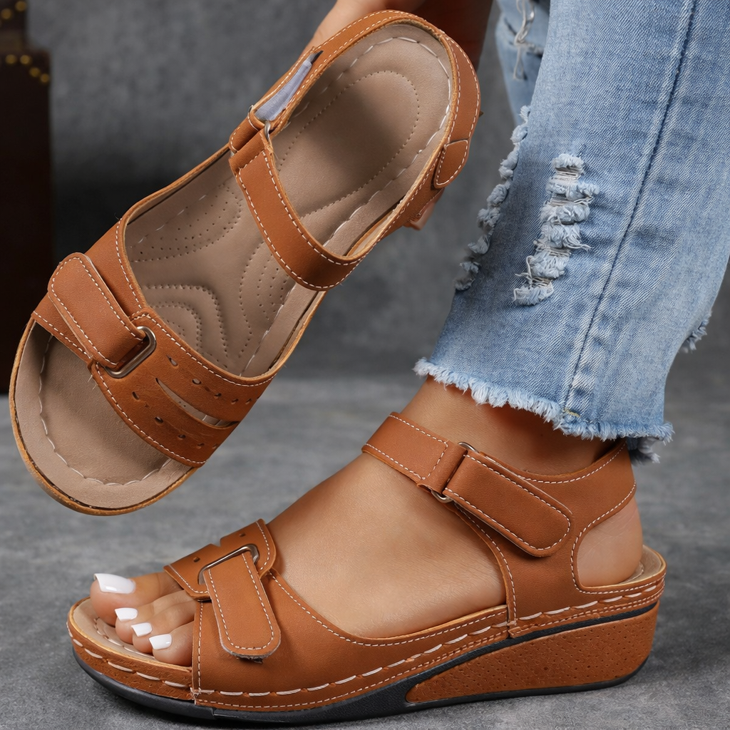 Women’s Plus Size Roman Velcro Sandals | Peep Toe Comfortable Summer Flats for Casual, Travel and Everyday Wear