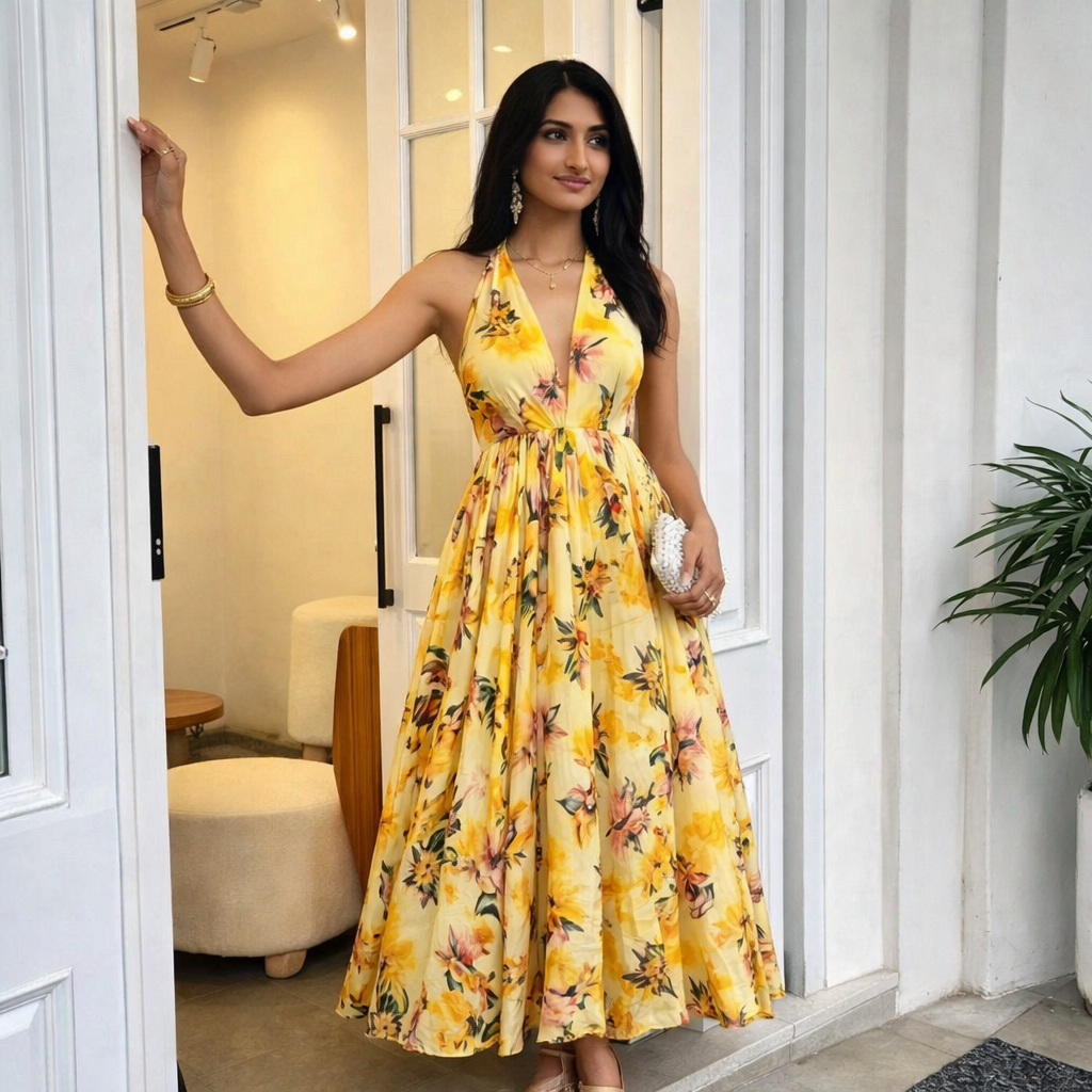 Women’s Printed V-Neck Summer Slip Dress | Long Defined Waist Flowy Dress for Casual, Vacation and Beach Wear