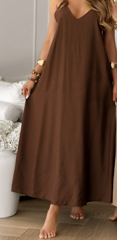 Women’s Solid V-Neck Sling Summer Dress | Casual Lightweight Strap Dress for Beach, Vacation and Everyday Wear