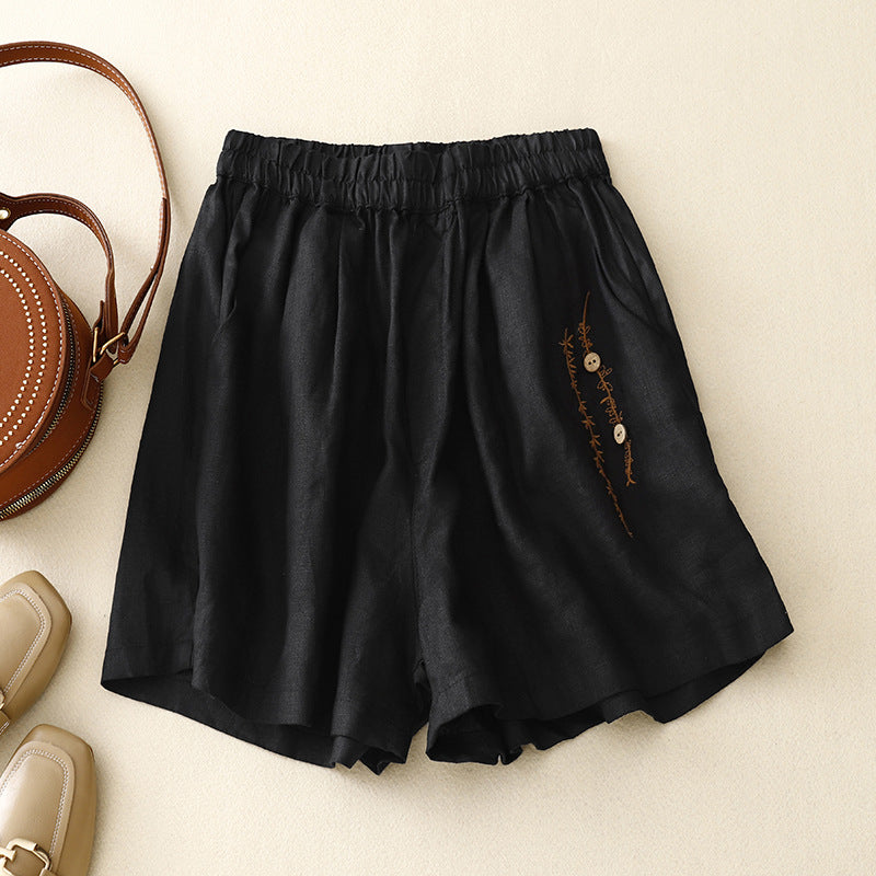Women’s Vintage Embroidery Cotton Linen Shorts | Lightweight Breathable Casual Summer Shorts