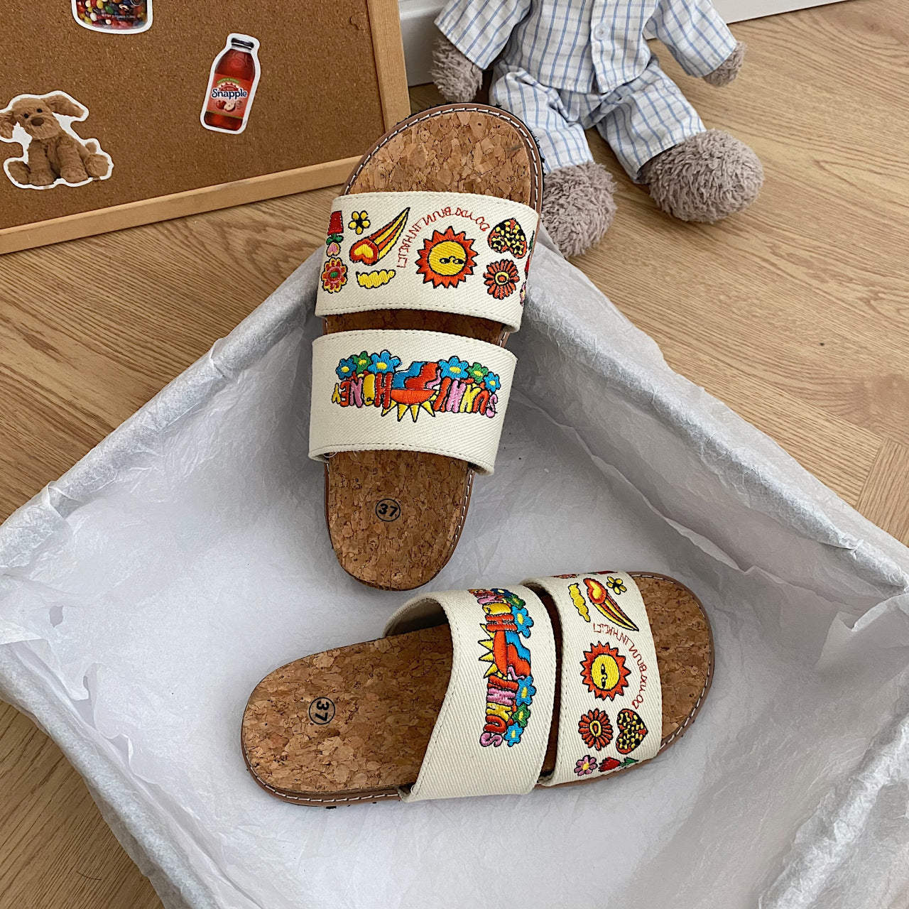 Women’s Cork Sole Embroidered Sandals | Summer Comfort Slides for Casual, Beach and Everyday Wear
