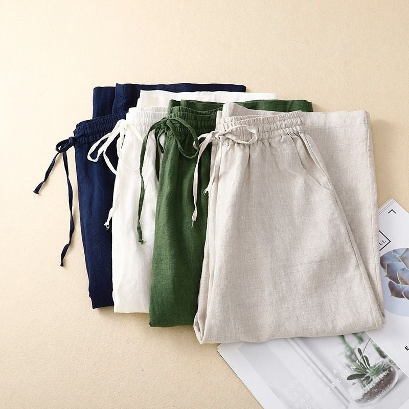 Women’s Cotton Linen Cropped Wide Leg Pants | Retro Loose Fit Breathable Summer Trousers