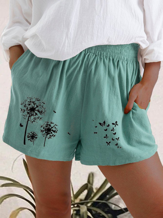 Women’s High Waist Dandelion Print Shorts | Cotton Linen Breathable Summer Casual Shorts
