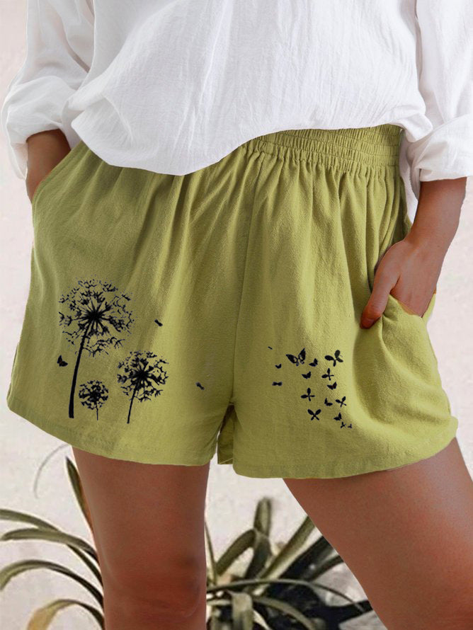 Women’s High Waist Dandelion Print Shorts | Cotton Linen Breathable Summer Casual Shorts