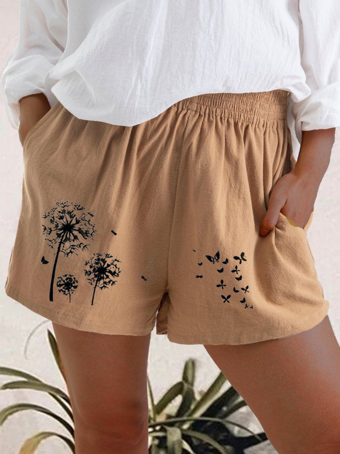 Women’s High Waist Dandelion Print Shorts | Cotton Linen Breathable Summer Casual Shorts
