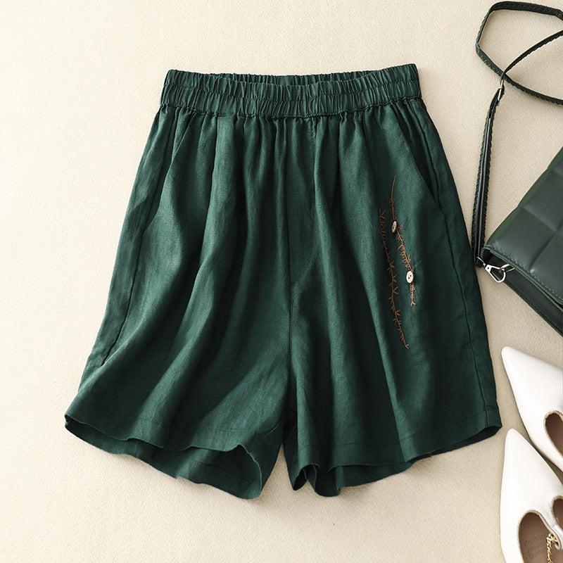 Women’s Vintage Embroidery Cotton Linen Shorts | Lightweight Breathable Casual Summer Shorts