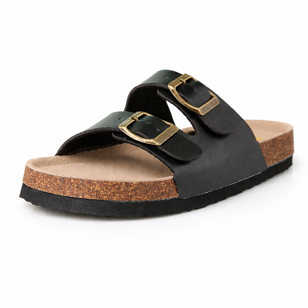 Women’s Two Buckle Cork Sandals – Comfortable Casual Flat Summer Slippers