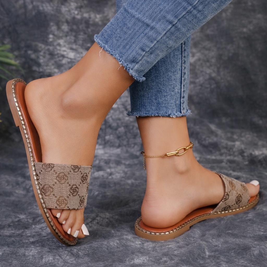Women’s Floral Print Flat Sandals | Lightweight Non-Slip Summer Slides for Beach, Vacation and Everyday Wear