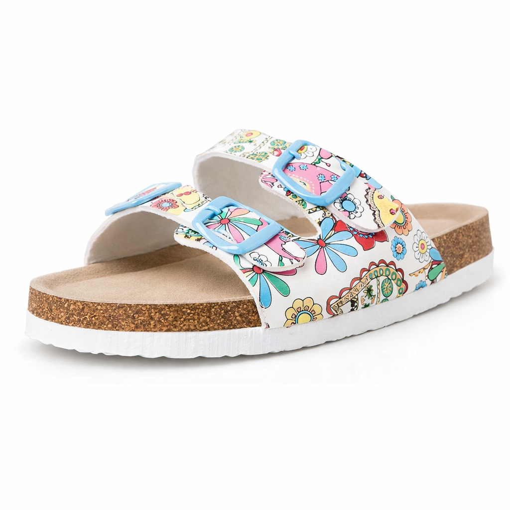 Women’s Two Buckle Cork Sandals – Comfortable Casual Flat Summer Slippers