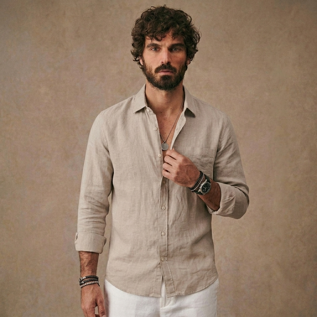Men Long Sleeve Casual Linen Shirt | Loose Fit Solid Button Down | Everyday Wear Shirt