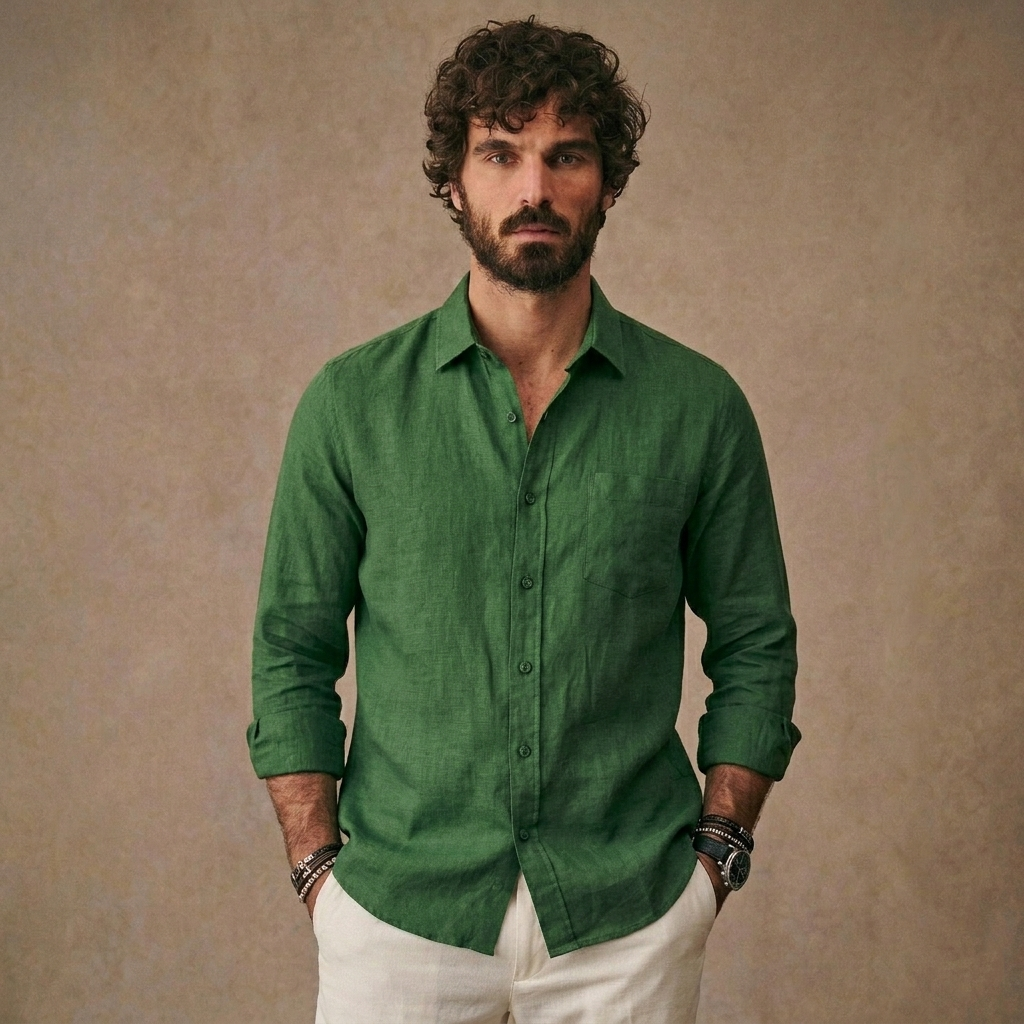 Men Long Sleeve Casual Linen Shirt | Loose Fit Solid Button Down | Everyday Wear Shirt