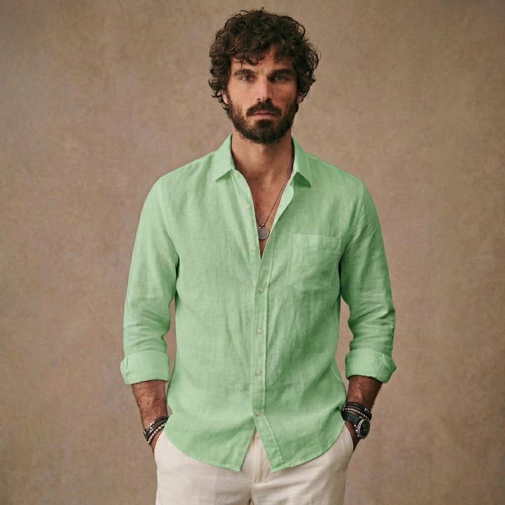 Men Long Sleeve Casual Linen Shirt | Loose Fit Solid Button Down | Everyday Wear Shirt