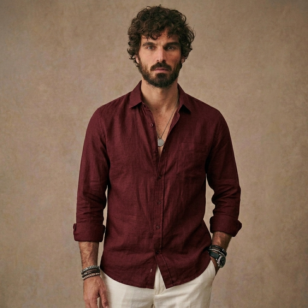 Men Long Sleeve Casual Linen Shirt | Loose Fit Solid Button Down | Everyday Wear Shirt