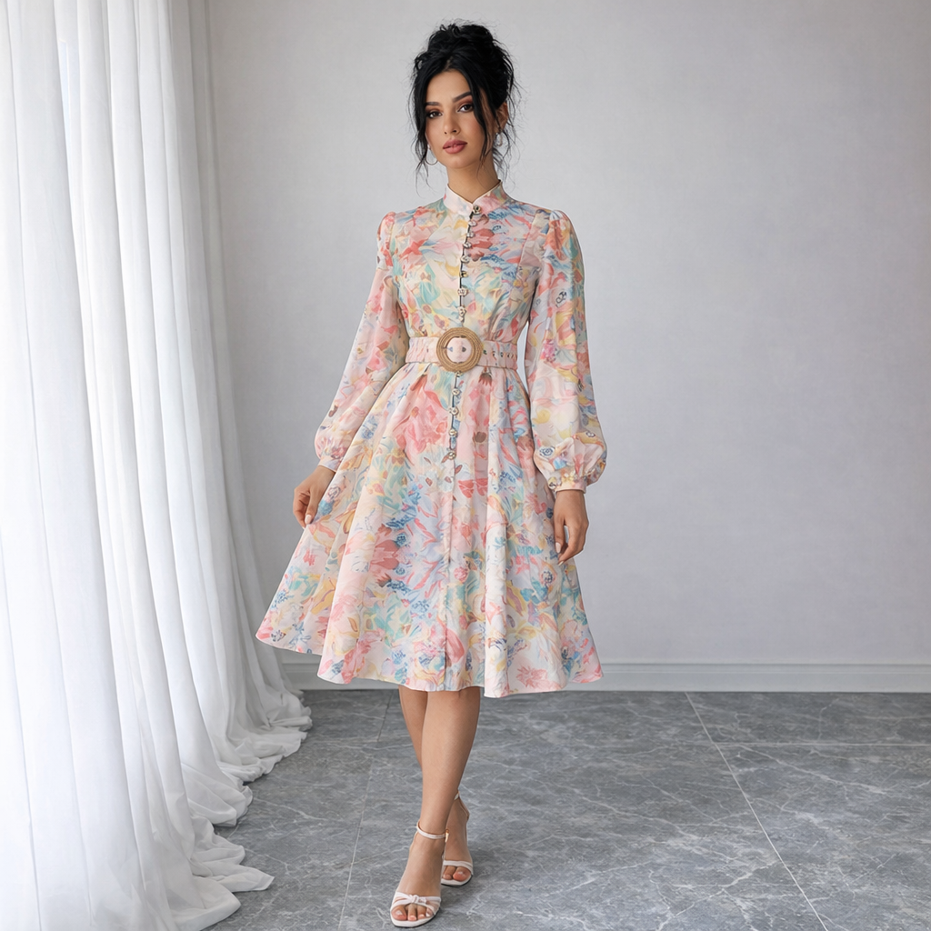 Women’s Puff Sleeve Belted Summer Jumpsuit Dress | Elegant Stand Collar Casual Outfit for Office, Party and Vacation Wear