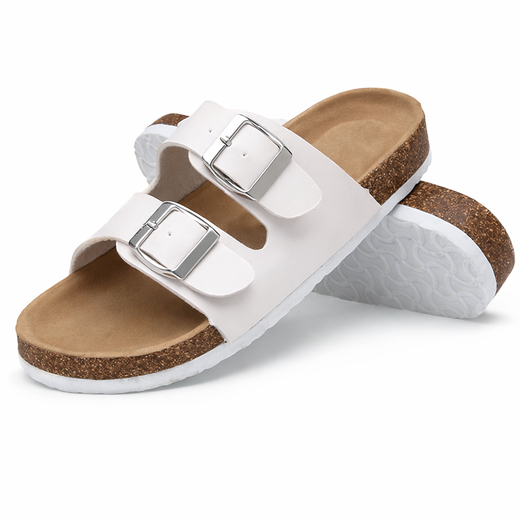 Women’s Two Buckle Cork Sandals – Comfortable Casual Flat Summer Slippers