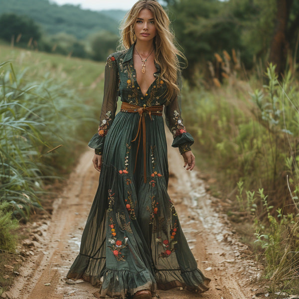 Women’s Boho Ruffled Maxi Summer Dress | Flowy Floral Dress for Vacation, Beach and Casual Wear