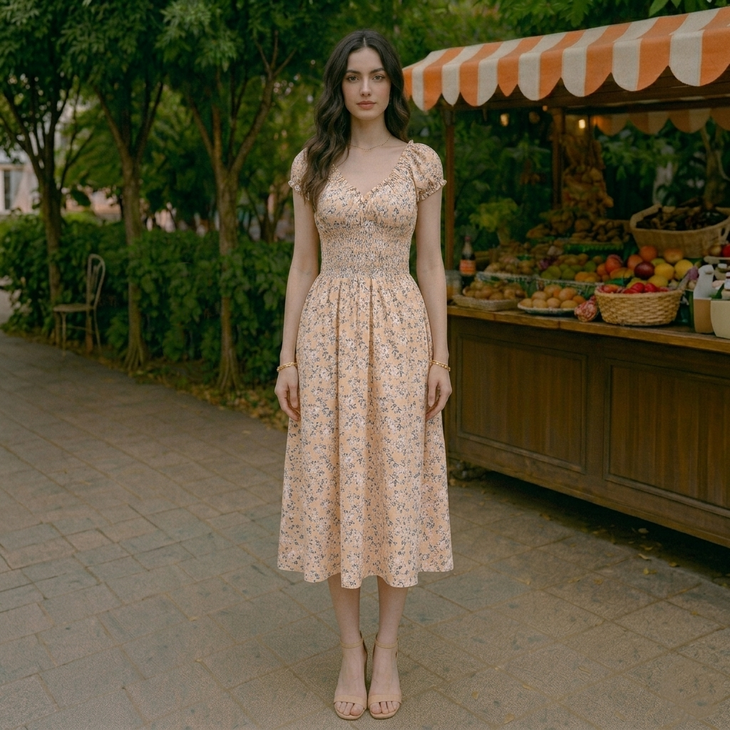 Women’s Vintage Floral Puff Sleeve Summer Dress | French Style Flowy Midi Dress for Casual, Vacation and Party Wear