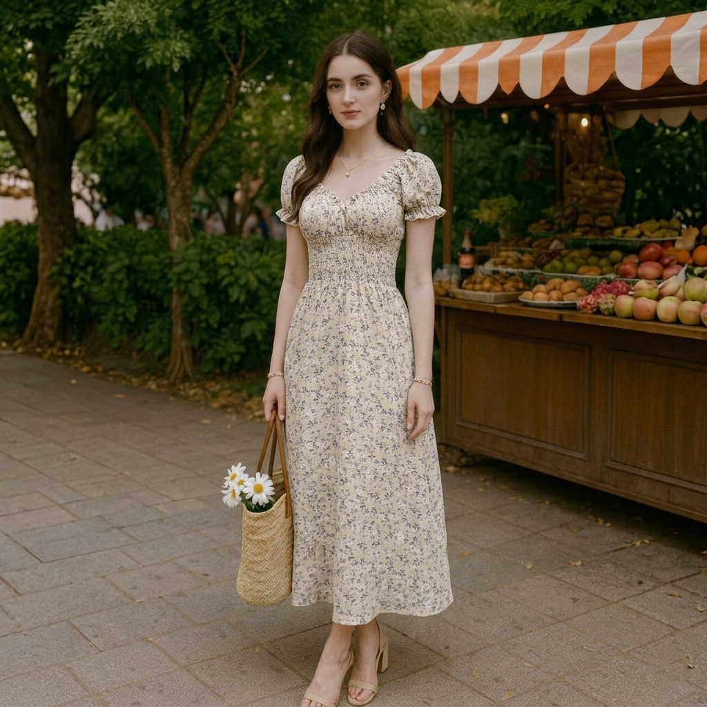 Women’s Vintage Floral Puff Sleeve Summer Dress | French Style Flowy Midi Dress for Casual, Vacation and Party Wear