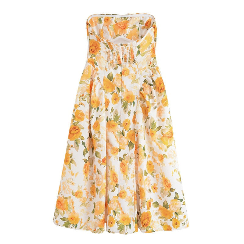 Women’s Floral Tube Top Summer Dress | French Style Strapless Vacation Dress for Beach, Party and Holiday Wear